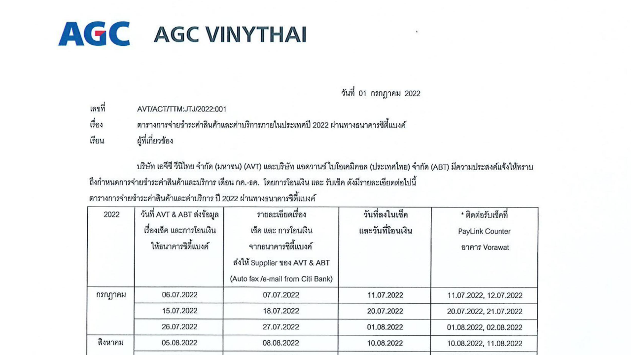 ตารางการชำระค่าสินค้าและค่าบริการภายในประเทศ 2022 – AGC Vinythai