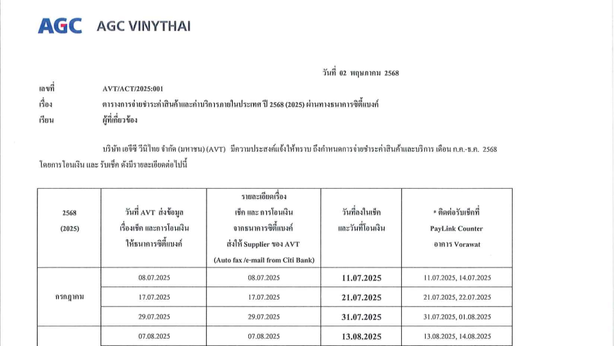 ตารางการจ่ายเงินให้ผู้ขายในประเทศ เดือน ก.ค-ธ.ค. ปี 2568
